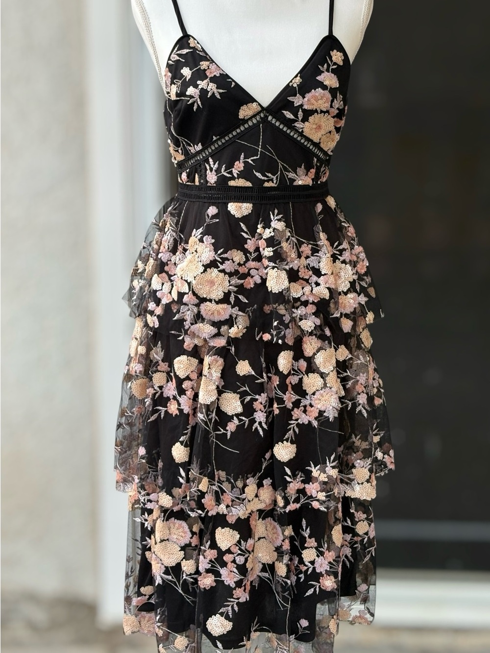 Lulus Tiered Black Mesh Maxi Dress with Peach Floral Sequin Detail, Size Small - Picture 3 of 9